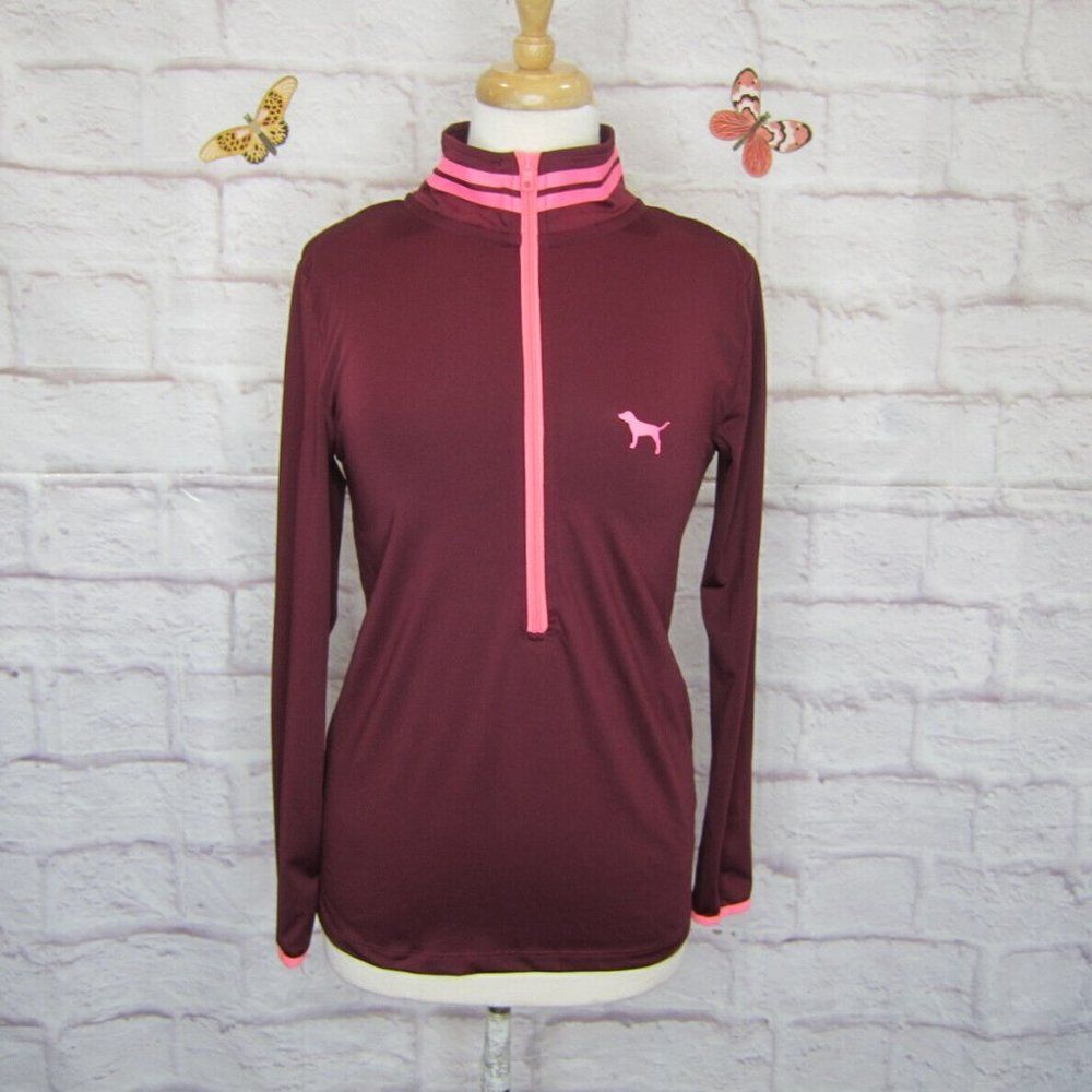 PINK Victoria's Secret Women's size M Burgundy & Neon Pink 1/4 Zip Pullover
